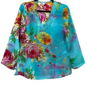 Queenspark | Floral V-Neck Beaded/Sequin Tunic Top | Size 10 Women's